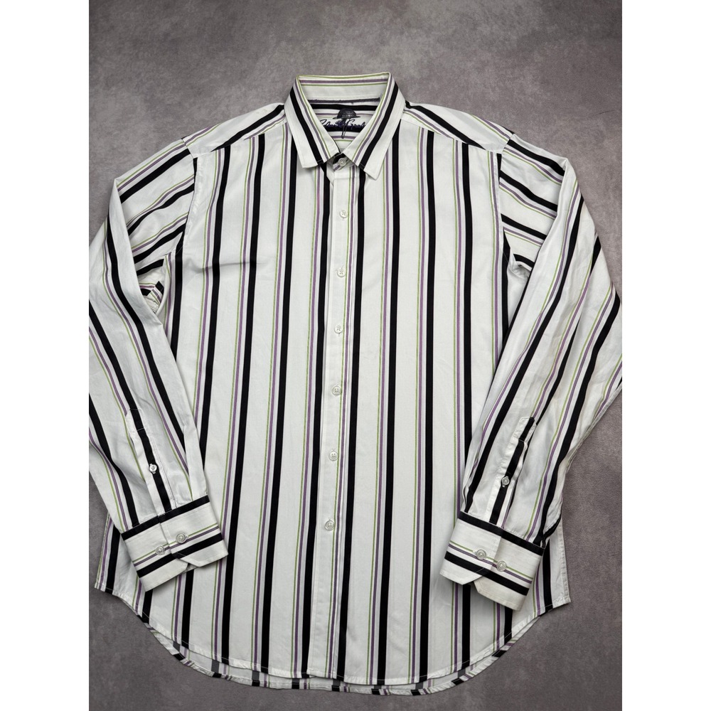 Robert Graham Men L Classic Fit Striped Button Shirt White Purple Green Black